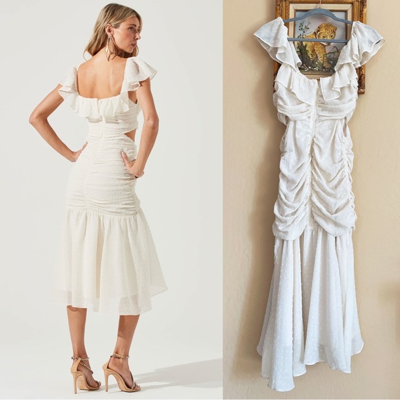 ASTR Ivory Cream Off White Swiss Dot Textured Ruched Ruffle Cut Out Midi Dress - Picture 5 of 17